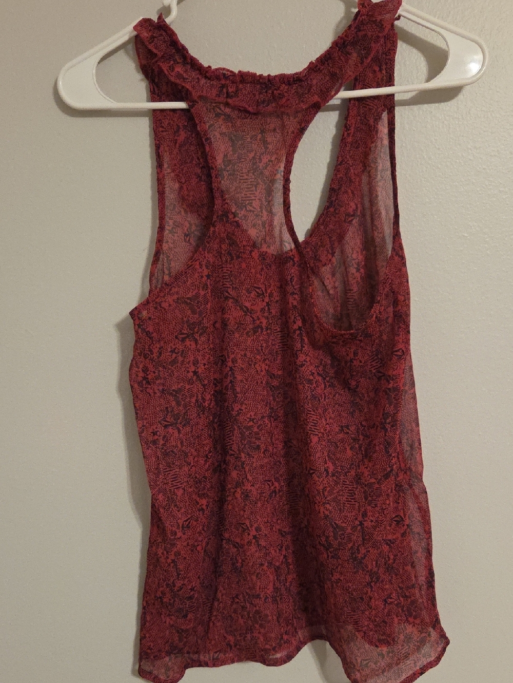 Volcom Pink And Black Patterned Sheer Ruffle-Trim Racerback Tank - Picture 3 of 4
